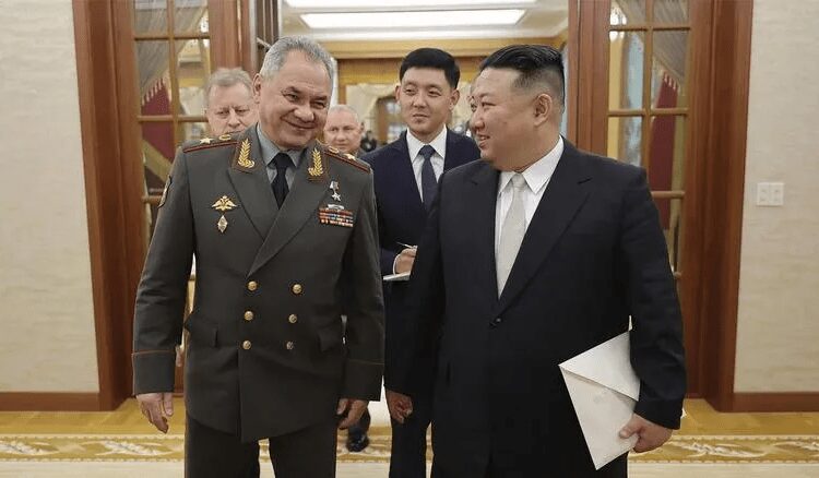 North Korean leader Kim Jong Un, right, meets with Russian Defense Minister Sergei Shoigu at the headquarters of the ruling Workers’ Party’s Central Committee in Pyongyang, North Korea.