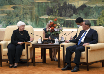 U.S Treasury Secretary, Janet Yellen speaks to Chinese Premier, Li Qiang during their meeting at the Great Hall of the People in Beijing, on Friday, July 7, 2023.