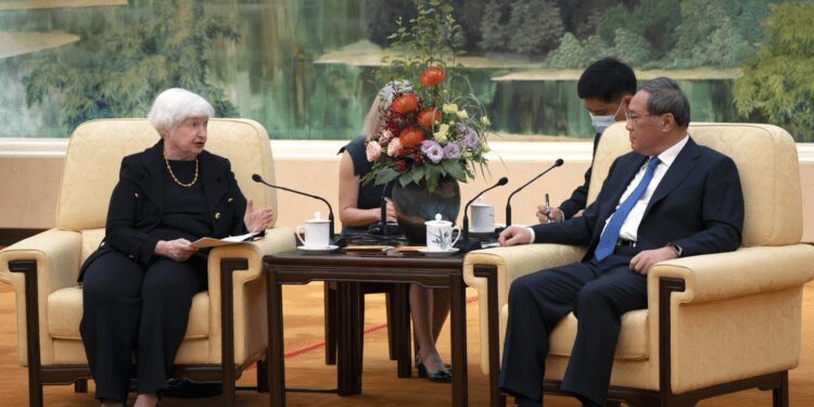 Yellen Calls For Regular Channels Of Communication Between China And U.S 1 U.S Treasury Secretary, Janet Yellen speaks to Chinese Premier, Li Qiang during their meeting at the Great Hall of the People in Beijing, on Friday, July 7, 2023.