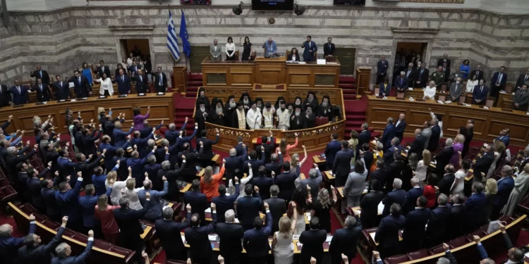New Parliament Of The Hellenic Republic Sworn In 1 Greek lawmakers take the oath during a swearing in ceremony at the Parliament in Athens on Monday, July 3, 2023.