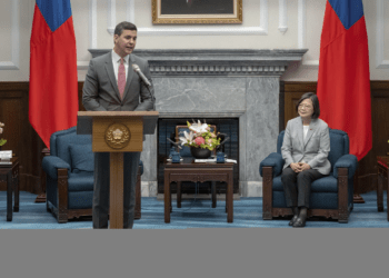 Paraguay's President-elect, Santiago Pena, left, speaks during a meeting with Taiwanese President, Tsai Ing-wen on Wednesday, July 12, 2023.