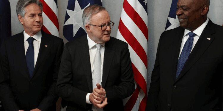 Australian Prime Minister Anthony Albanese, center, speaks with U.S. Secretary of State Antony Blinken, left, and U.S. Defense Secretary Lloyd Austin in Brisbane, Australia, on Friday, July 28, 2023.