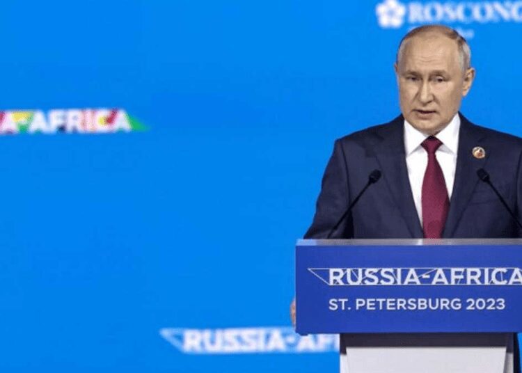 Russian President Vladimir Putin delivers a speech during a plenary session of the Russia-Africa Summit and Economic and Humanitarian Forum in St. Petersburg, Russia, Thursday, July 27, 2023.