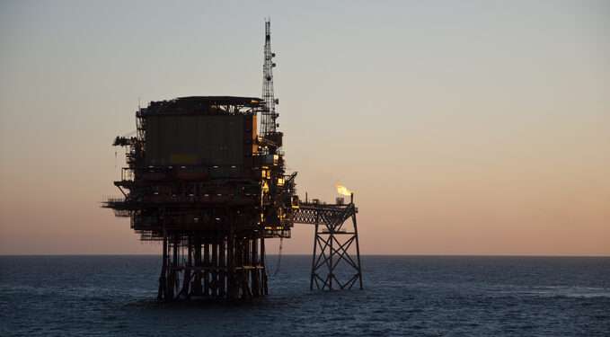 Offshore oil production platform in North Sea.