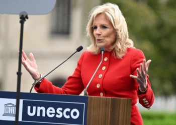 U.S First Lady, Jill Biden speaks during a flag-raising ceremony for the return of the United States to UNESCO at the UNESCO headquarters in Paris, France on July 25, 2023.