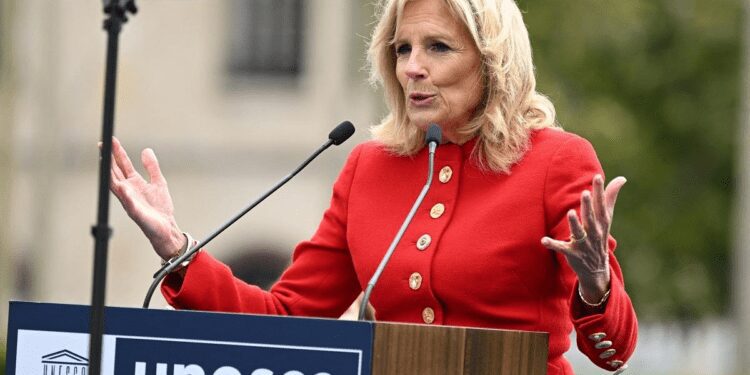 U.S First Lady, Jill Biden speaks during a flag-raising ceremony for the return of the United States to UNESCO at the UNESCO headquarters in Paris, France on July 25, 2023.