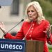 U.S First Lady, Jill Biden speaks during a flag-raising ceremony for the return of the United States to UNESCO at the UNESCO headquarters in Paris, France on July 25, 2023.
