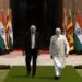 Indian Prime Minister Narendra Modi welcomes Sri Lankan President Ranil Wickremesinghe walk for a photo call before their delegation level meeting in New Delhi, India, Friday, July 21, 2023.