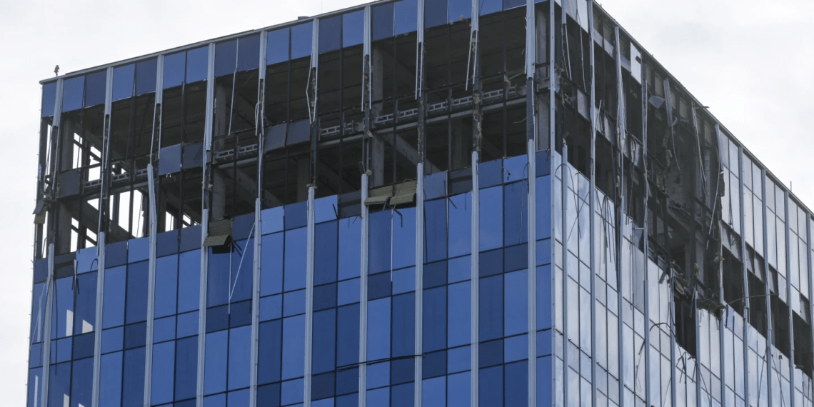 A view of the damaged building seen after a reported drone attack in Moscow, Russia on Monday, July 24, 2023.
