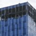 A view of the damaged building seen after a reported drone attack in Moscow, Russia on Monday, July 24, 2023.