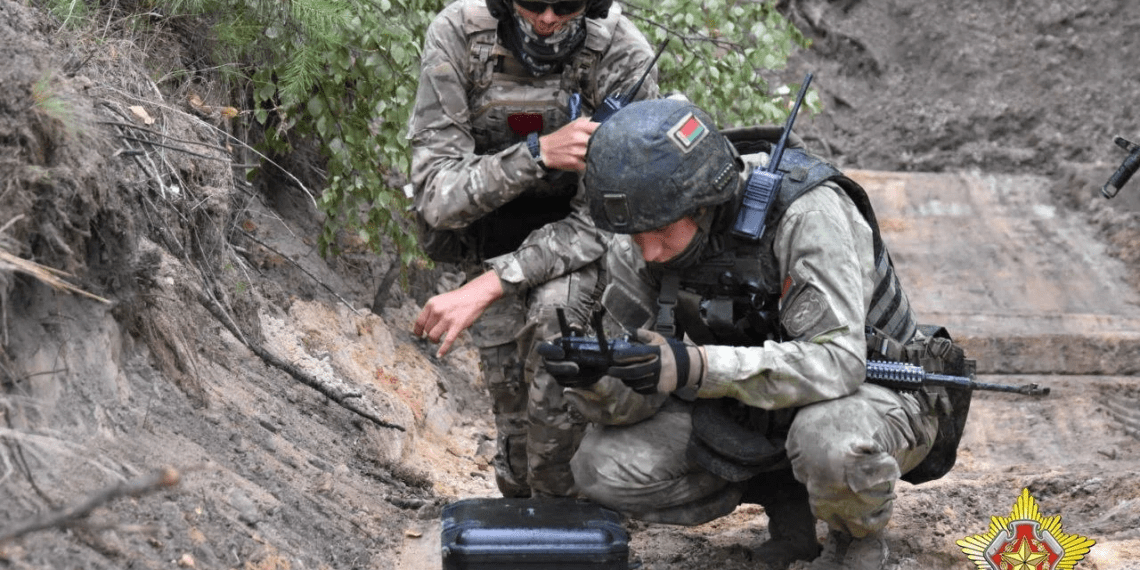 A Wagner Group fighter and a Belarusian special forces member in a joint training exercise at the Brest military range outside Brest, Belarus.