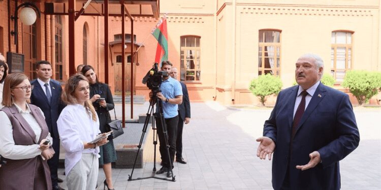 Belarusian President, Alexander Lukashenko addresses the press.