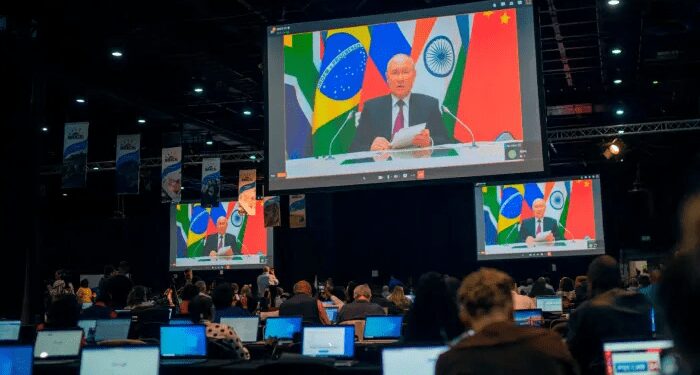 Putin Offers To Host Next BRICS Summit 1 Russia’s President Vladimir Putin speaks to leaders in South Africa from the Kremlin via video link on Wednesday, August 23, 2023.