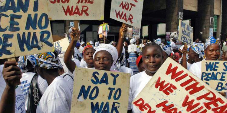 Liberians demonstrating for peace.