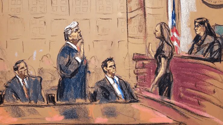 Trump Released On Strict Conditions 1 In this courtroom sketch, Former U.S. President, Donald Trump stands between his attorneys Todd Blanche and John Lauro as he takes an oath before Magistrate Judge Moxila A. Upadhyaya during his plea hearing on charges that he orchestrated a plot to try to overturn his 2020 election loss, at federal court in Washington, U.S. August 3, 2023 .