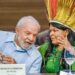 Luiz Inácio Lula da Silva, the President of Brazil, speaks to his minister of Indigenous peoples, Sonia Guajajara, at the Amazon summit.
