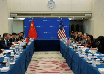 US Commerce Secretary Gina Raimondo (2nd right) speaks during a meeting with Chinese Minister of Commerce Wang Wentao (2nd left) at the Ministry of Commerce in Beijing August 28, 2023.