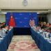US Commerce Secretary Gina Raimondo (2nd right) speaks during a meeting with Chinese Minister of Commerce Wang Wentao (2nd left) at the Ministry of Commerce in Beijing August 28, 2023.