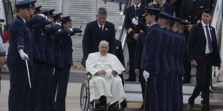 Pope Francis Lands In Portugal For Five-Day Visit 1 Pope Francis is welcomed by the honor guard as he arrives at the Figo Maduro airbase in Lisbon, Wednesday, Aug. 2, 2023.