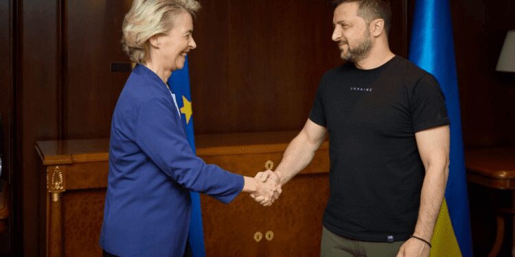 Zelenskyy Meets European Commission President 1 Ursula von der Leyen, European Commission President, left, and Ukrainian President, Volodymyr Zelenskyy.