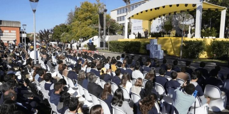 Pope Francis attends a meeting with the students of the Portuguese Catholic University in Lisbon, Thursday, August 3, 2023.