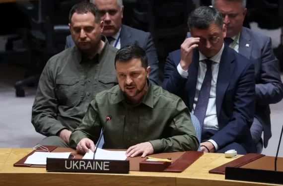 Ukraine's President Volodymyr Zelenskyy addresses the United Nations Security Council during a ministerial level meeting at the UN headquarters in New York, September 20, 2023.