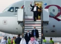 US citizens; Siamak Namazi, Emad Sharqi  and Morad Tahbaz disembark from a Qatari jet upon their arrival at the Doha International Airport in Doha.
