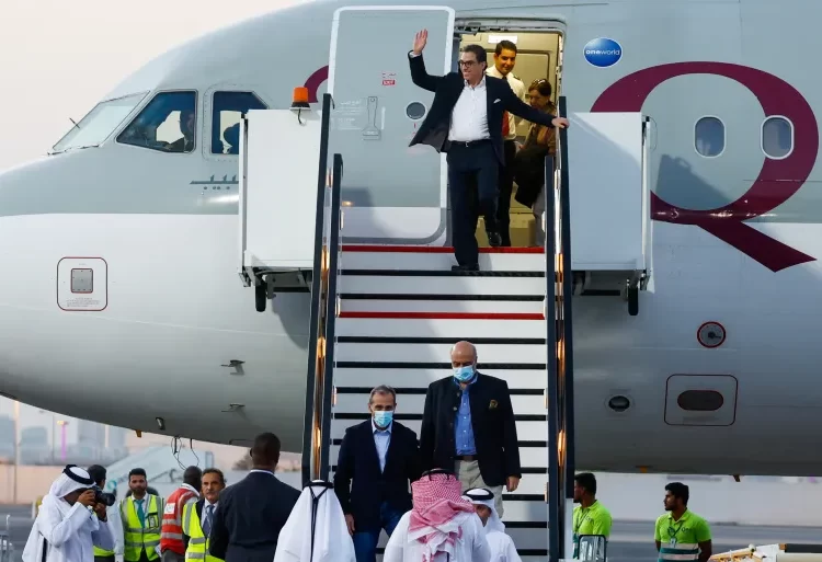 U.S-Iran Prisoner Swap: U.S Nationals Arrive In Qatar 1 US citizens; Siamak Namazi, Emad Sharqi and Morad Tahbaz disembark from a Qatari jet upon their arrival at the Doha International Airport in Doha.