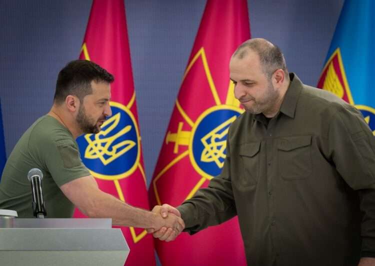 Zelenskyy Introduces Rustem Umerov As Ukraine’s New Defense Minister 1 Ukrainian President, Volodymyr Zelenskyy shakes hands with Rustem Umerov, Ukraine's new Defense Minister.