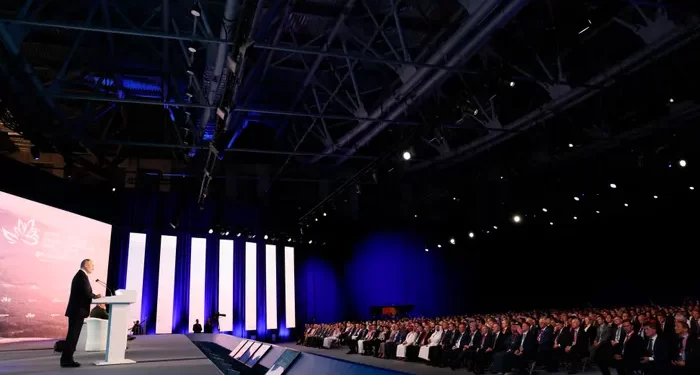 Russian President Vladimir Putin addresses a plenary session of the Eastern economic forum in Vladivostok.