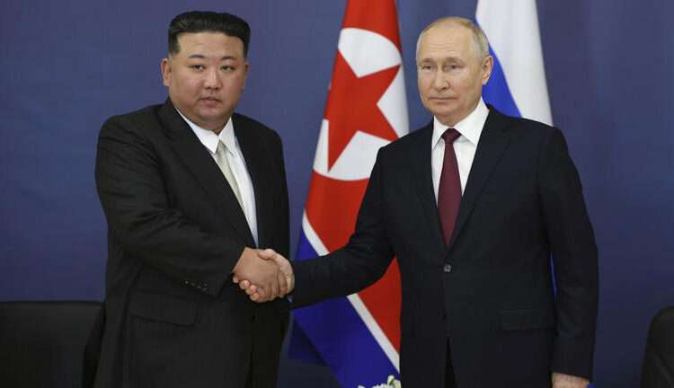 Kim Jong Un Says Russia Will Win ‘A Great Victory’ 1 Kim Jong Un and Vladimir Putin shake hands as they begin their talks at the Vostochny Cosmodrome.