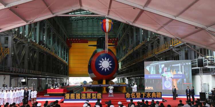 Taiwan's president gives a speech at the launch ceremony of Taiwan's first domestically built submarine, in Kaohsiung on September 28, 2023.