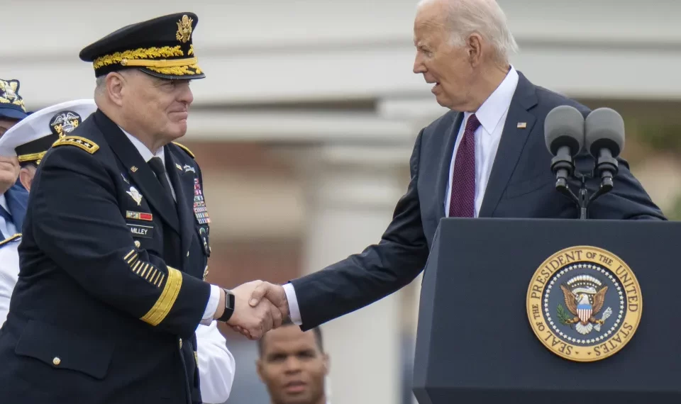 Mark Milley Retires 1 President Joe Biden, right, shakes hands with outgoing Joint Chiefs Chairman Gen. Mark Milley, during an Armed Forces Farewell Tribute in honor of Milley at Joint Base Myer–Henderson Hall, Friday, Sept. 29, 2023, in Fort Meyer.