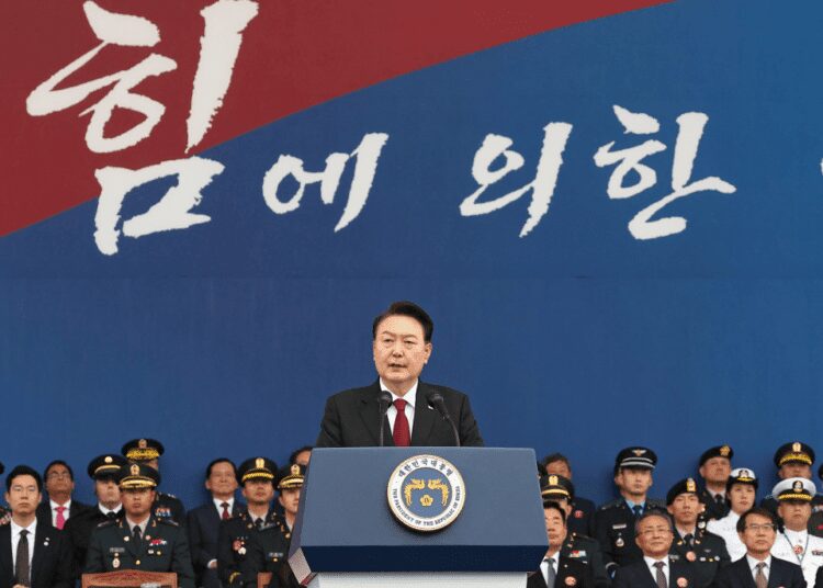 South Korean President Yoon Suk Yeol delivers a speech during a ceremony to mark the Armed Forces Day at Seoul Air Base in Seongnam near the capital on Sept. 26, 2023.