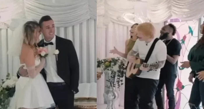 American singer, Ed Sheeran singing at a wedding ceremony