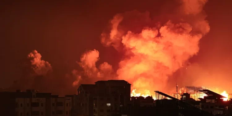 A fireball erupts during one of the latest Israeli bombardments of Gaza Strip on Monday night and early Tuesday.