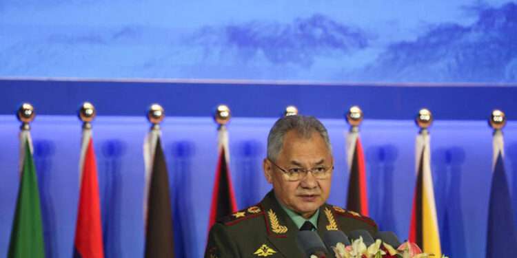 Russian Defence Minister Sergei Shoigu speaks at the Beijing Xiangshan Forum in Beijing, China October 30, 2023.
