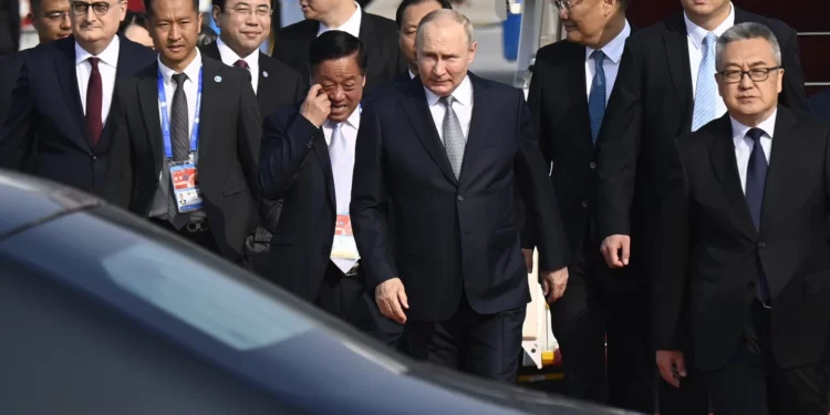 President Vladimir Putin(center) arrives at Beijing Capital International Airport on Tuesday, October 17, 2023.