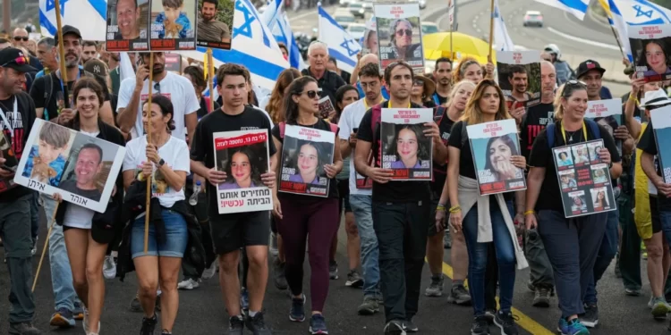 Families and friends of about 240 hostages held by Hamas in Gaza call for their return as they participate in a five-day "March for the Hostages" from Tel Aviv to the Prime Minister's Office in Jerusalem, near the town of Abu Ghosh, Israel, Nov. 17, 2023.