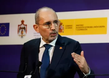 Jordanian deputy Prime Minister and Foreign Minister. Ayman Al-Safadi at the press conference in Barcelona.