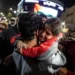 A girl hugs a newly released Palestinian prisoner in Ramallah in the occupied West Bank on Sunday.