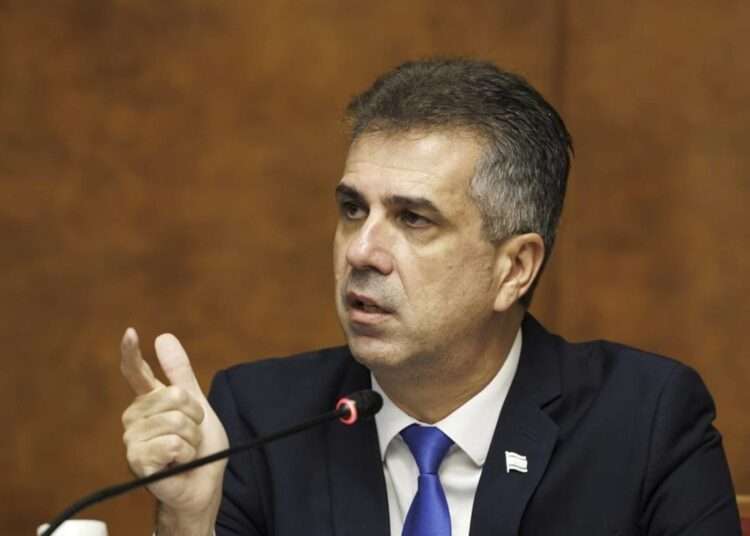 Eli Cohen, Minister of Foreign Affairs of the State of Israel, addresses the media at the European headquarters of the United Nations in Geneva, Switzerland, Tuesday, Nov. 14, 2023, during a press conference about the hostages held in Gaza since the Israel Hamas war.