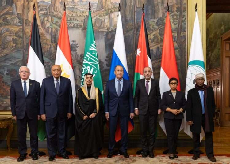 Members of the Arab-Islamic ministerial committee meet with Russian Foreign Minister Sergei Lavrov in Moscow.