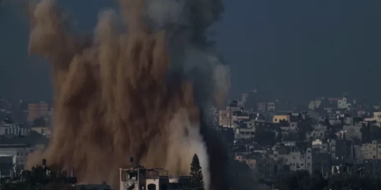 Israel Reasserts Offensive Against Hamas 1 An Israeli airstrike in the Gaza Strip, as seen from southern Israel, Friday.