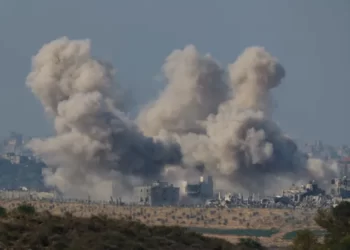 Smoke rises in Gaza following an Israeli strike as seen from southern Israel.