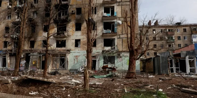 Heavily damaged residential buildings in the front-line town of Avdiivka, Ukraine.