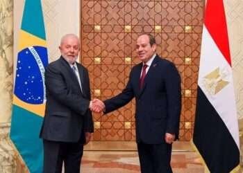 Egypt's President Abdel-Fattah El-Sisi and his Brazilian counterpart Lula da Silva during the official reception ceremony at the Ittihadiya Presidential Palace in Cairo.