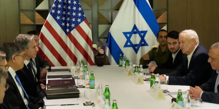 U.S. Secretary of State Antony Blinken meets with former Israel Defense Forces (IDF) chief Gadi Eisenkot, right, and former Israeli Defense Minister Benny Gantz in Tel Aviv, Israel, Thursday, Feb. 8, 2024.