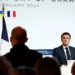 French President, Emmanuel Macron speaks during a press conference at the end of the conference in support of Ukraine, with European leaders and government representatives, at the Elysee Palace in Paris, France, on Feb 26, 2024.
