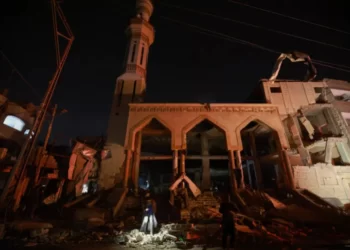 A destroyed mosque is seen following Israeli bombardments of Rafah in the southern Gaza Strip on Monday morning.